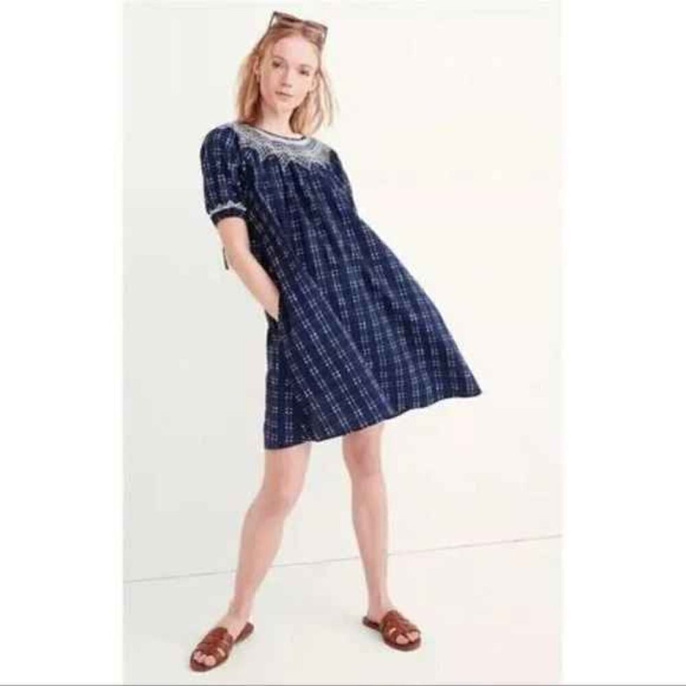 Madewell Embroidered Puff Sleeve Babydoll Mini Dress Indigo Plaid XS Navy Blue - Picture 2 of 12